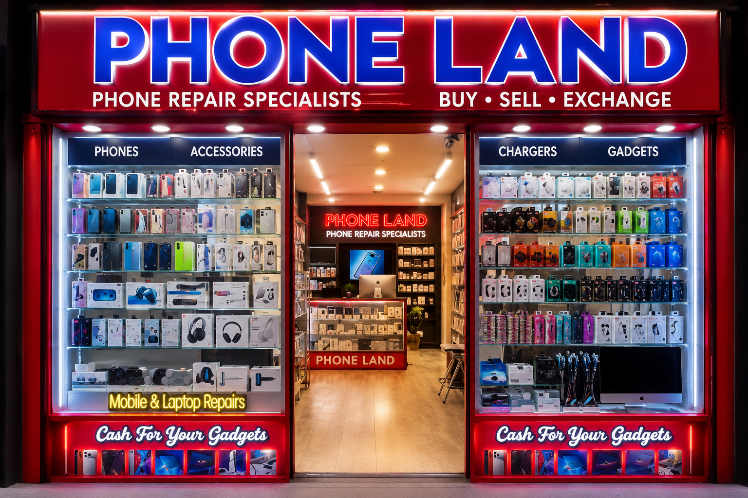 PHONE LAND storefront — phone repair specialists, buy, sell, exchange